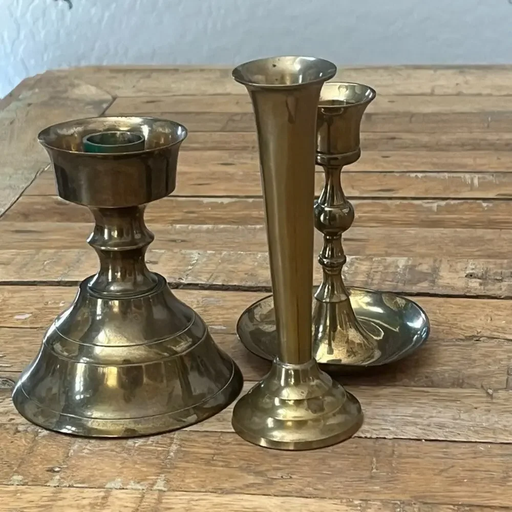 Vintage Solid Brass Candlesticks Set of 3 Different Shapes & Sizes